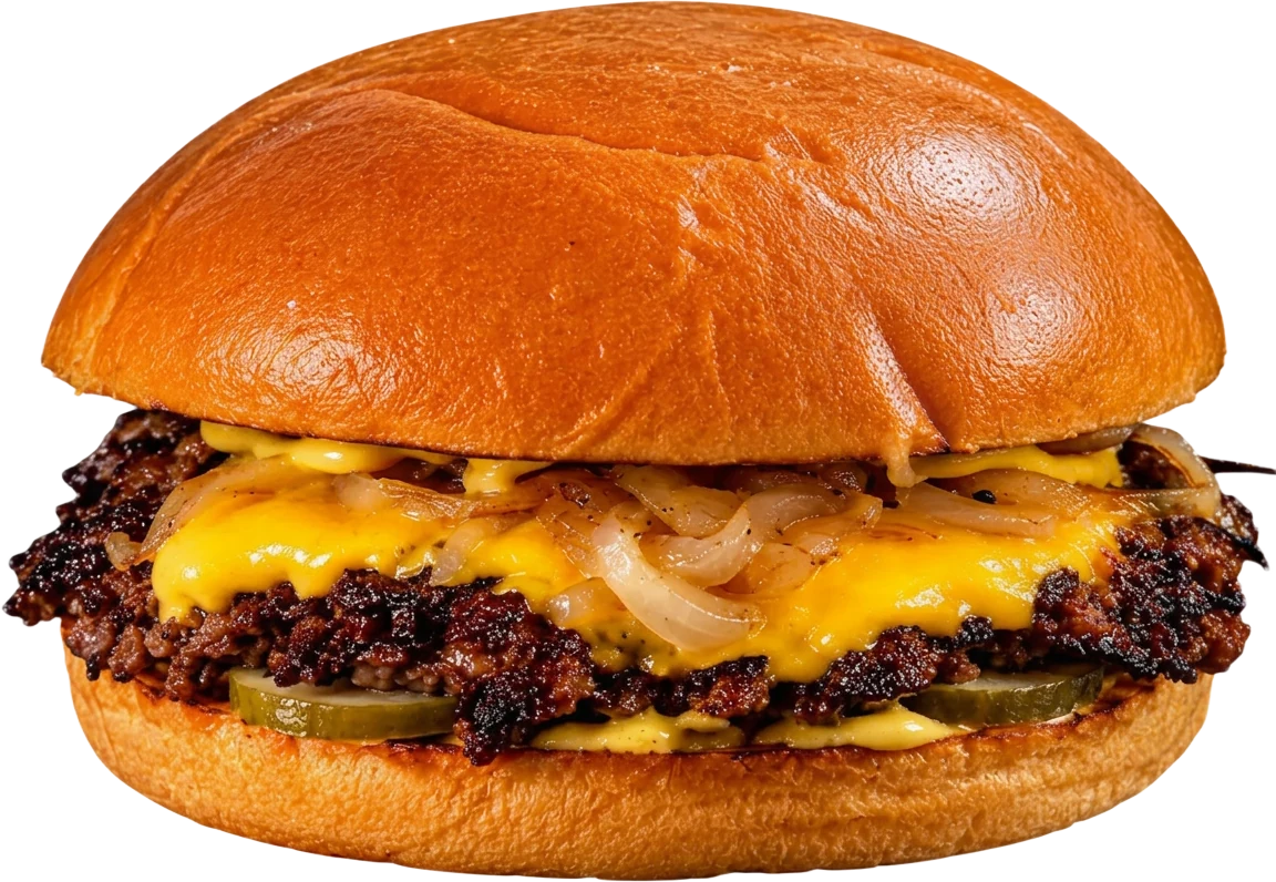 Oklahoma Burger — burger cu cheddar, ceapă galbenă și castraveți murați